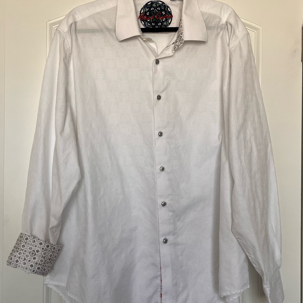 Robert Graham White Dress Shirt with Geometric Patterned Contrast Cuffs Size 3XL
